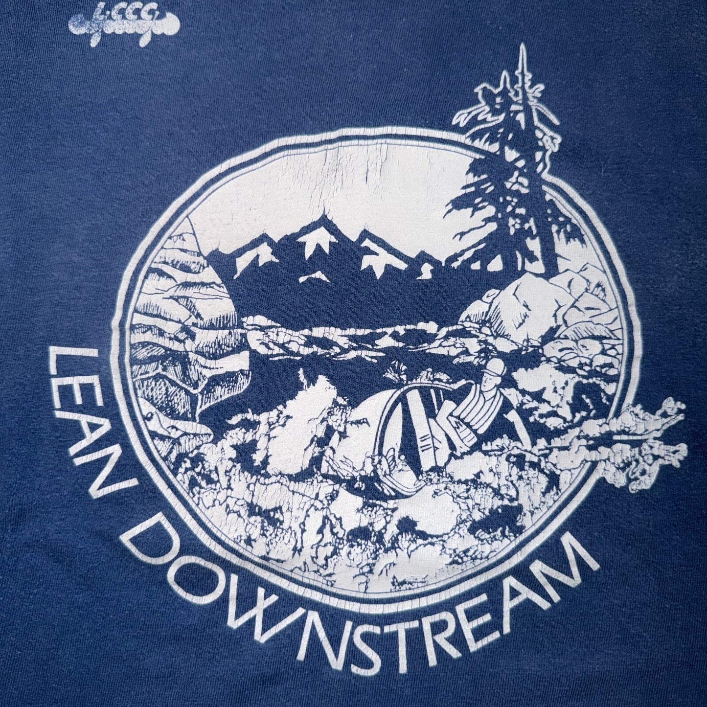VTG 70s Lean Downstream Hike Fishing River Mountain Graphic T Shirt Outdoor PDX