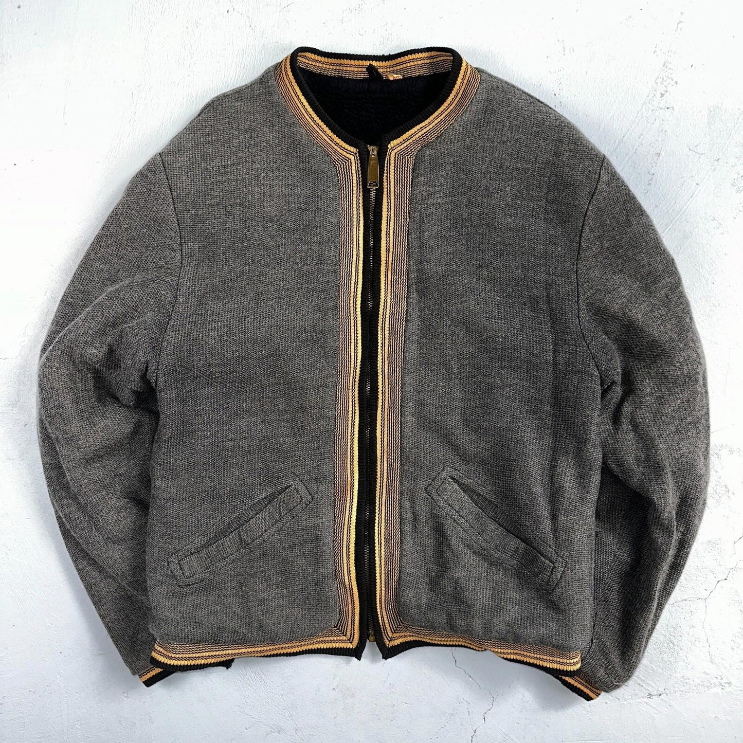 VTG 40s Wool Lined Men Zipper Jacket Sweater Salt Pepper Gray 1940s Rockabilly