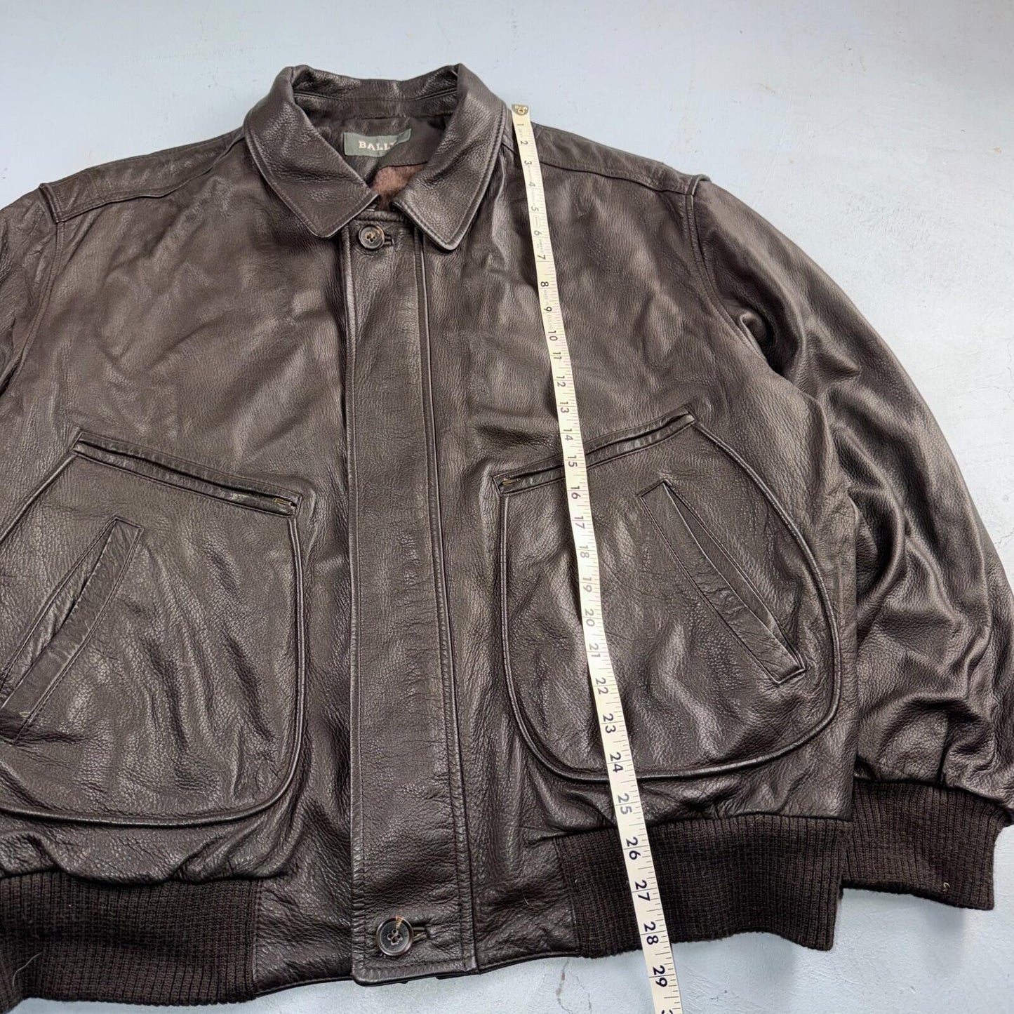 Bally Brown Leather Jacket Mens Size 44 Bomber Coat Made in Italy Soft Wool