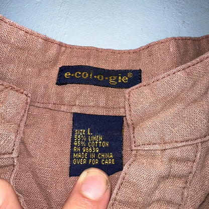 E-COL-O-GIE Womens Large Brown Linen Button Up Shirt Large Cotton VTG Y2K