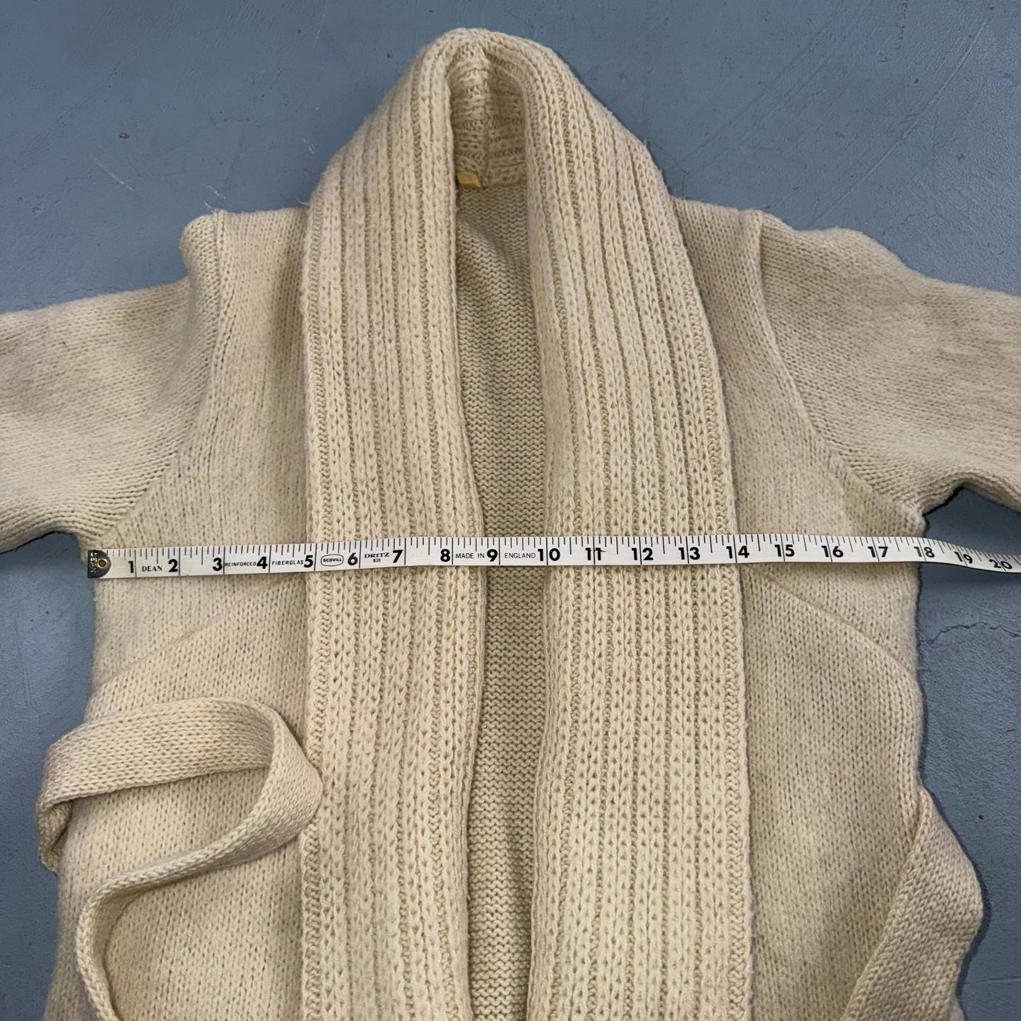 VTG 70s 80s Ribbed Knit Cardigan Open Belted Pockets Beige S/M Boho Chic