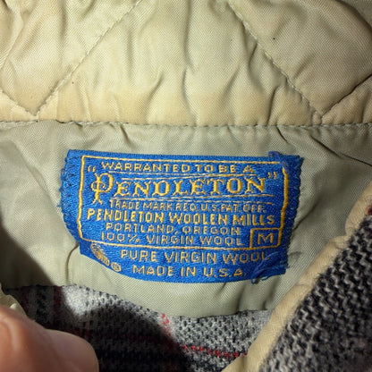 VTG 70s Pendleton Wool Flannel Shirt Jacket Gray Red Plaid USA Made M Rockabilly