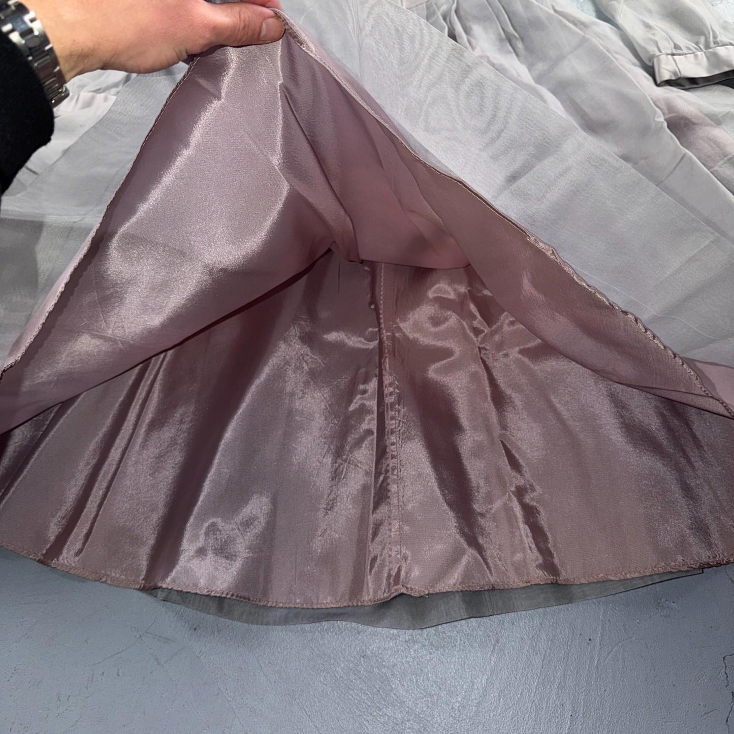 VTG 1950s Sheer Organza Dress Mauve Gray Full Skirt Union Made Party 50s Belted
