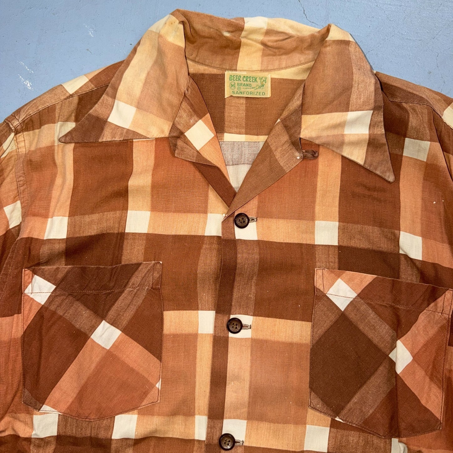 VTG 40s Deer Creek Brown Plaid Loop Collar Button Shirt Rockabilly Sanforized