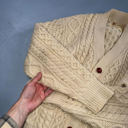 Bemidji VTG Woolen Mills Cream Cable Knit Cardigan Sweater Fisherman Boho 1970s