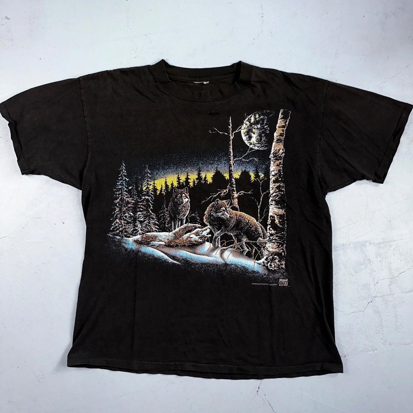 Vintage Wolf Pack Wolves Nature Animals Art Graphic Thrashed T-Shirt Black 90s
