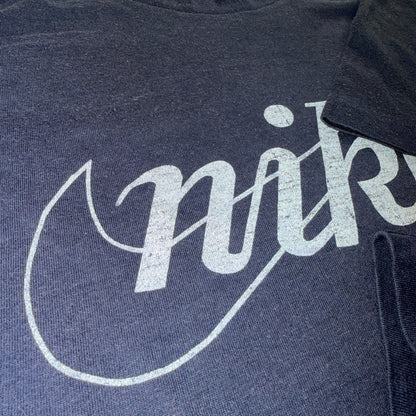Nike VTG 80s Script Logo Swoosh T Shirt Navy Single Stitch USA 1980s Rare Print