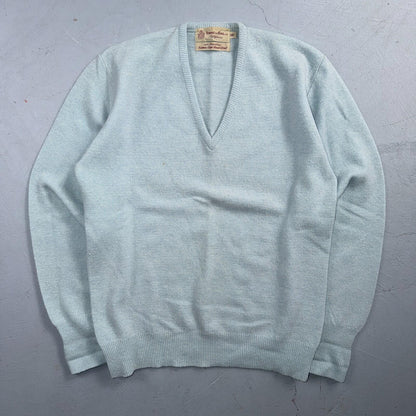 VTG 1940s 1950s Wool Lamb Pullover Sweater Rockabilly Mens V Neck Blue Towne Kin
