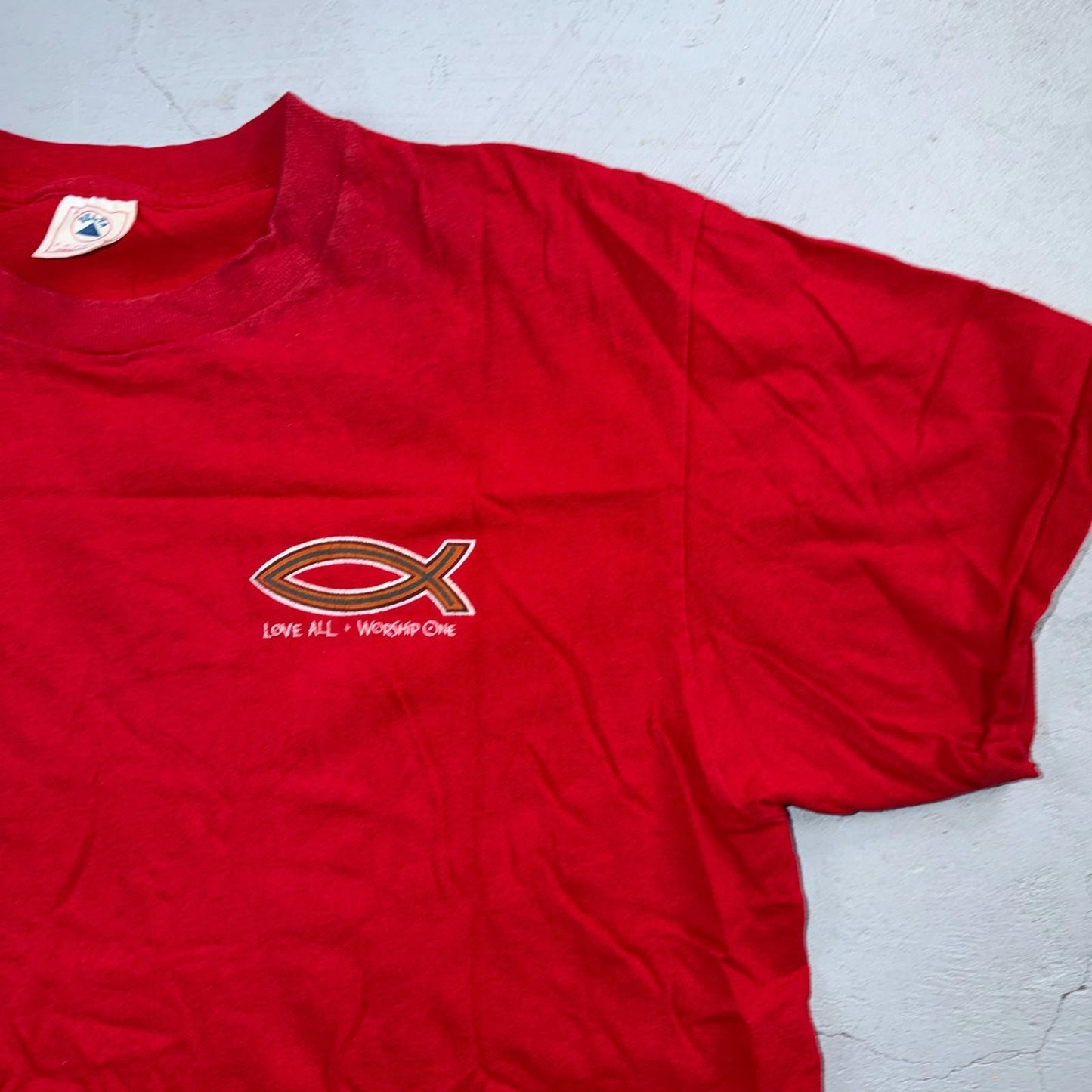 Vintage Jesus Shirt Mens L Red Love All Worship One Religious Christian 90s USA