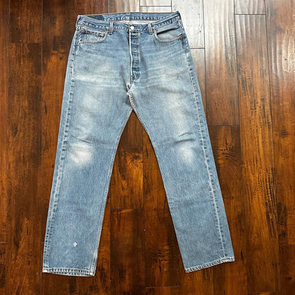 VTG 90s Levis 501 Button Fly 38x36 USA Tag Jeans Straight Wash Blue XX Act 35x32