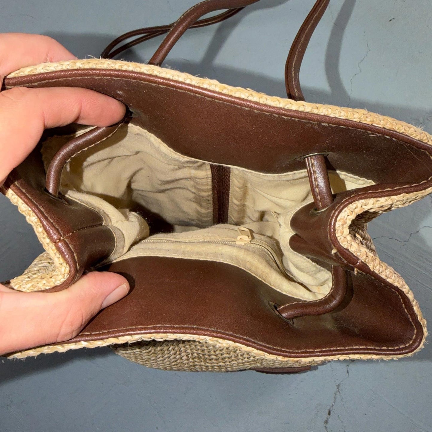 Rosetti Woven Purse Natural Tan Zippered Classic Small Bag Faux Leather Strap