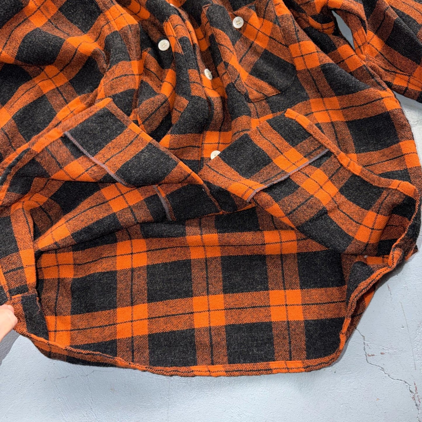 VTG 50s Fruit of Loom Shirt Orange Plaid Wool Button Loop Collar Rockabilly 1950