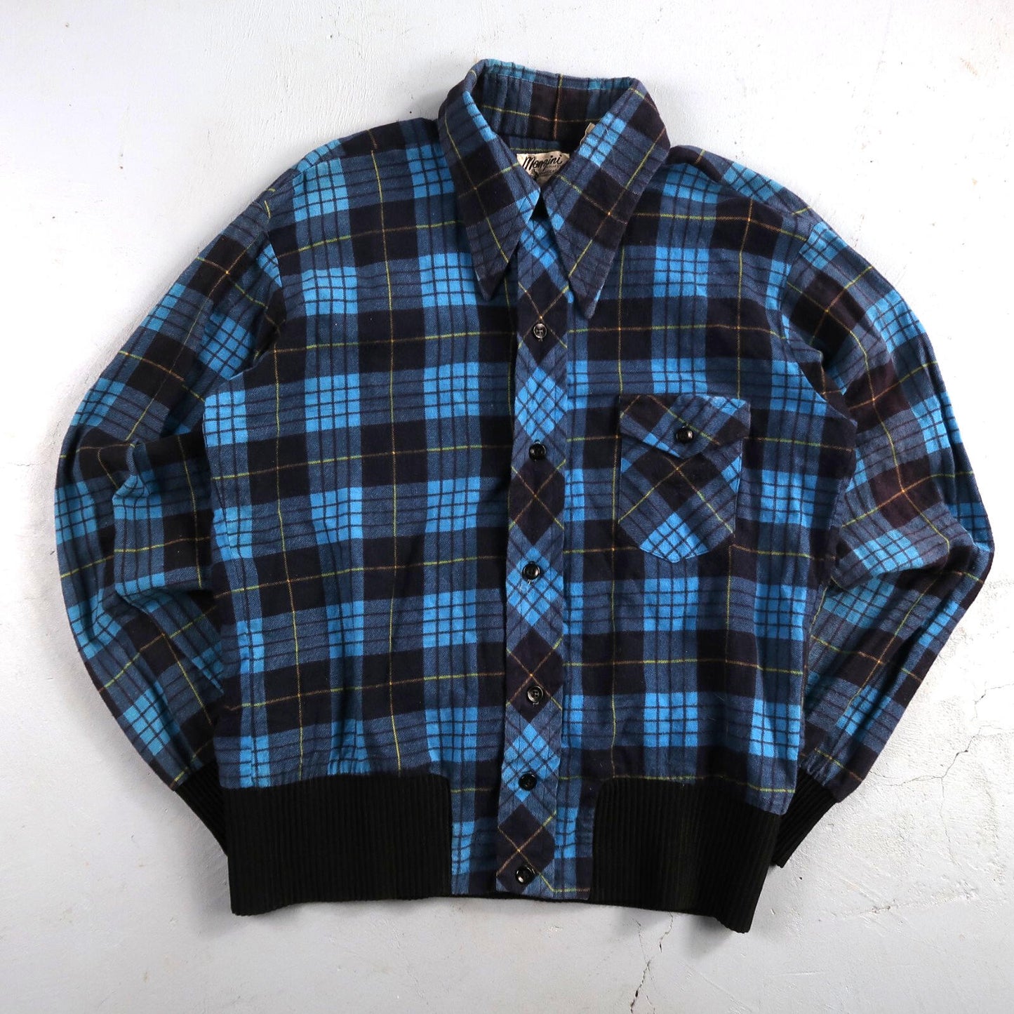 VTG 1970s Men's L Blue Flannel Shirt Black Ribbed Ricky Monzini USA Rockabilly