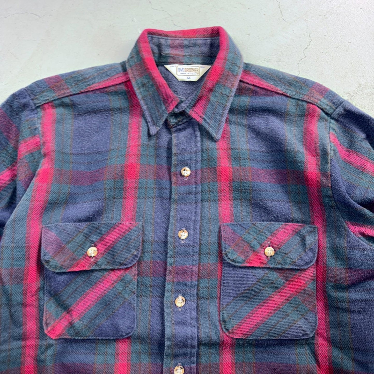 VTG Five Brother Shirt Mens M Shadow Plaid Flannel USA Red 1980s 80s Green Red