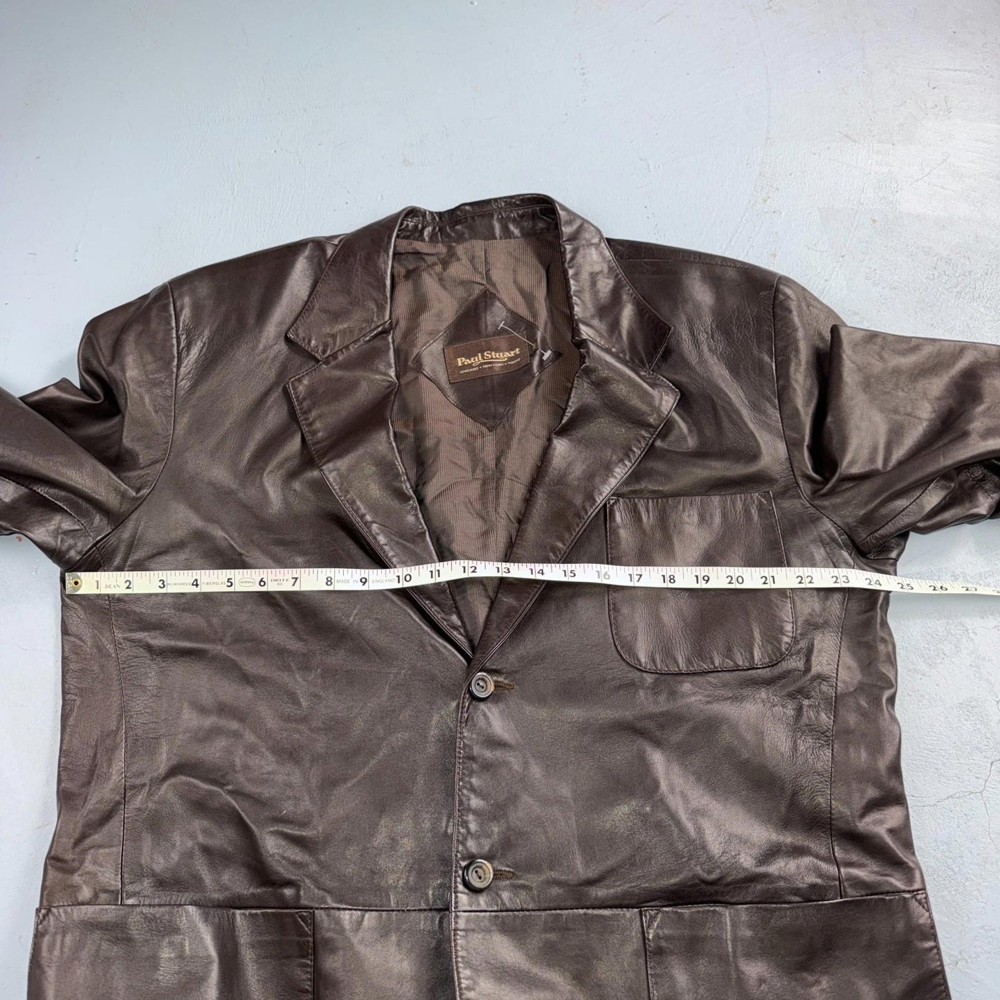 Paul Stuart Mens Vintage Brown Leather Jacket XL Chore Coat Pockets EUC Blazer