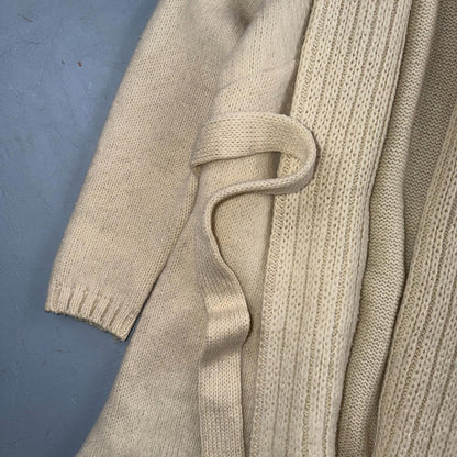 VTG 70s 80s Ribbed Knit Cardigan Open Belted Pockets Beige S/M Boho Chic