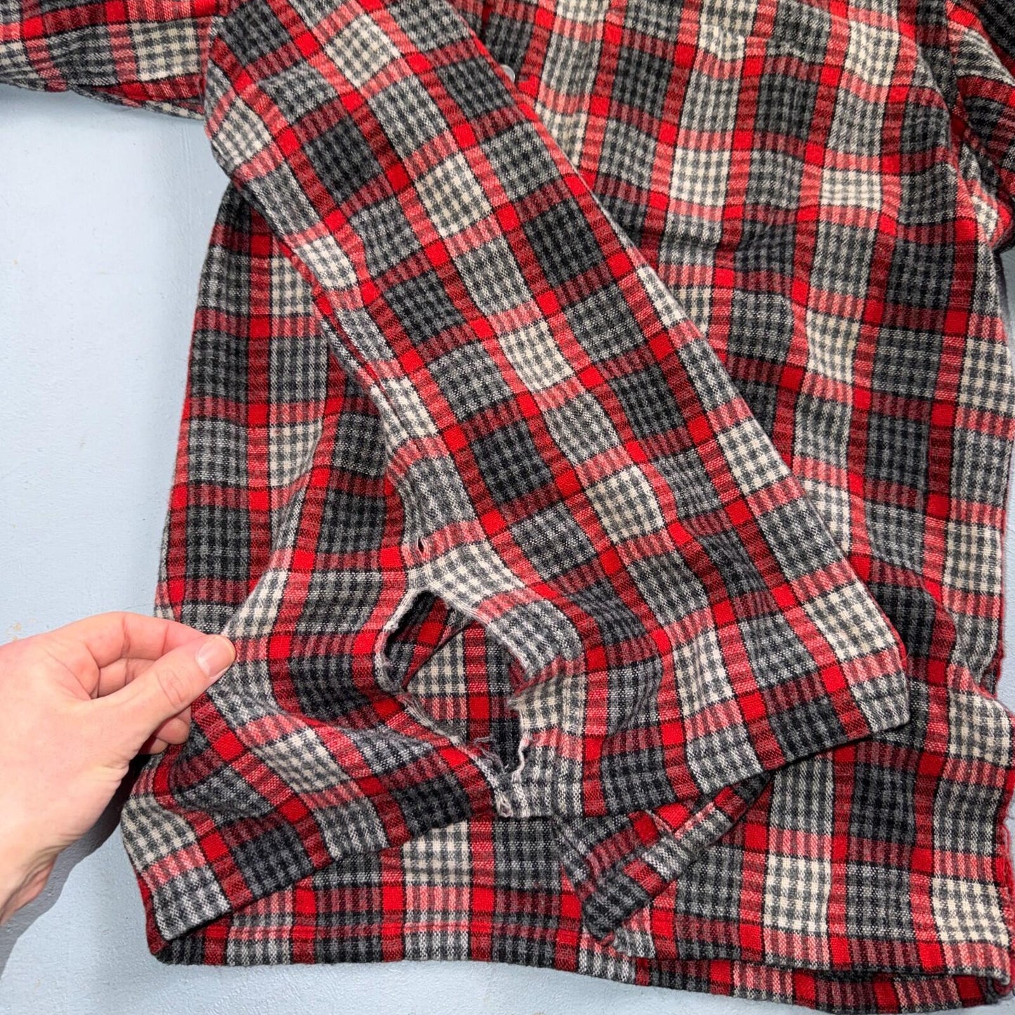 VTG XL 50s Penneys Shirt Red Plaid Wool Button Loop Collar Rockabilly 1950s Gray