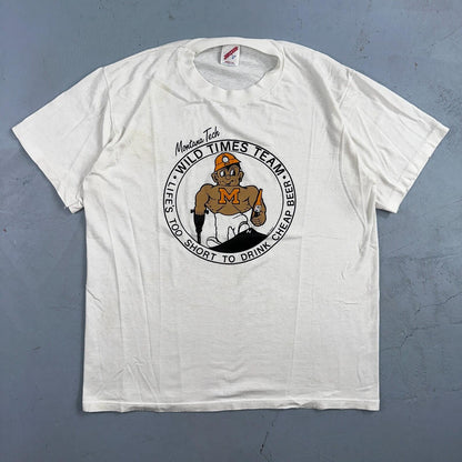 Cheap Beer Montana Tech Wild Times Buff Guy VTG T Shirt 80s Quote Funny Graphic