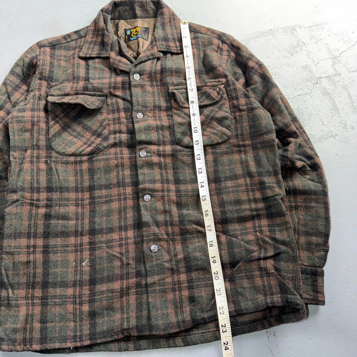 VTG 60s Penneys Shirt Brown Plaid Wool Button Loop Collar Rockabilly 1960s
