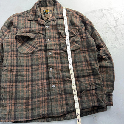 VTG 60s Penneys Shirt Brown Plaid Wool Button Loop Collar Rockabilly 1960s