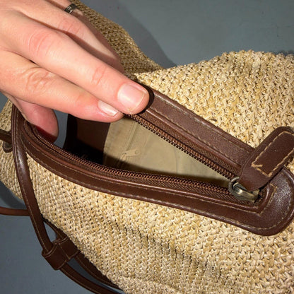 Rosetti Woven Purse Natural Tan Zippered Classic Small Bag Faux Leather Strap