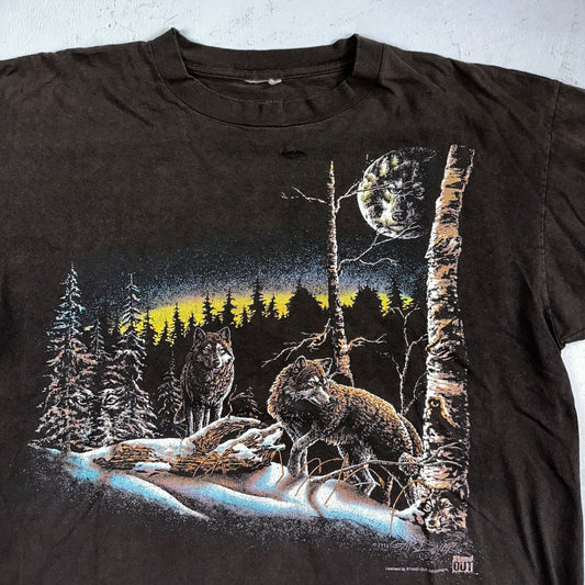 Vintage Wolf Pack Wolves Nature Animals Art Graphic Thrashed T-Shirt Black 90s