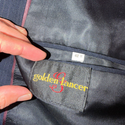 VTG Mens 2 PC Suit 42 Jacket Coat Pants Blue Striped USA Golden Lancer 80s Wool