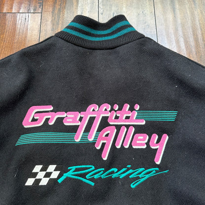 VTG Graffiti Alley Varsity Leather Letterman 70s Jacket 48 Portland Cars Racing