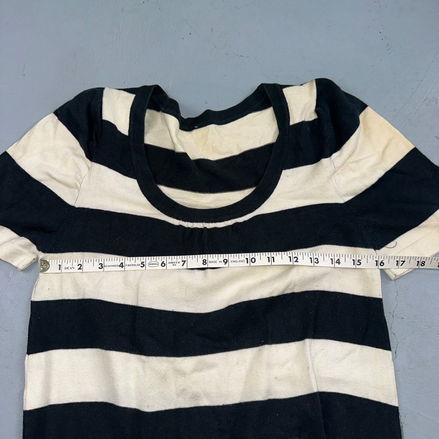 Black White Striped Midi Sweater Dress Round Neck Vintage Y2K Cool Pocket Front