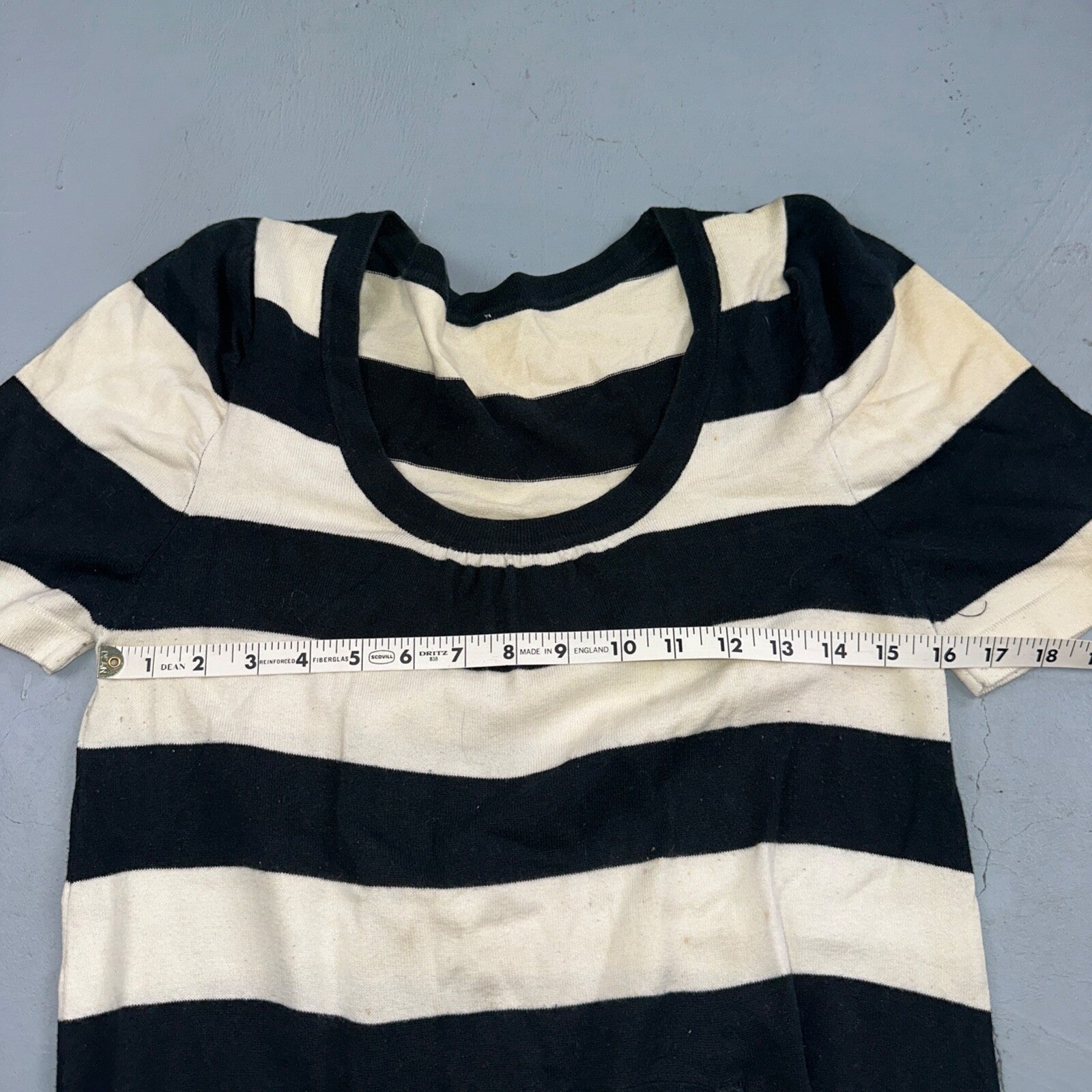 Black White Striped Midi Sweater Dress Round Neck Vintage Y2K Cool Pocket Front
