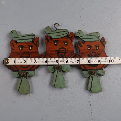 Vintage Three Little Pigs Wood Cutouts Hand Painted Wall Plaques Tie Hanger Hook