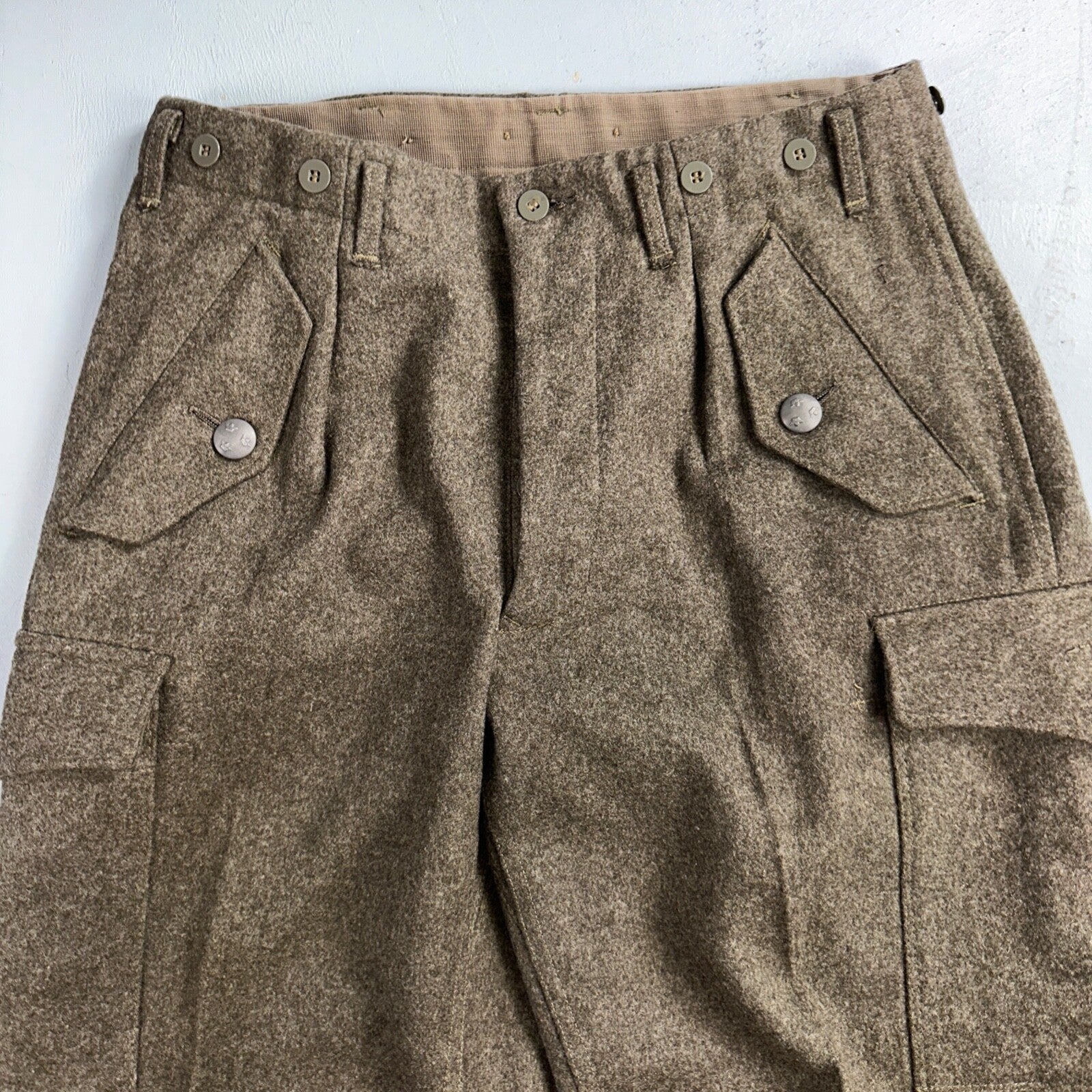 Vintage 1960s Swedish Army Wool Cargo Heavy Pants WWII Leather Straps 34x31