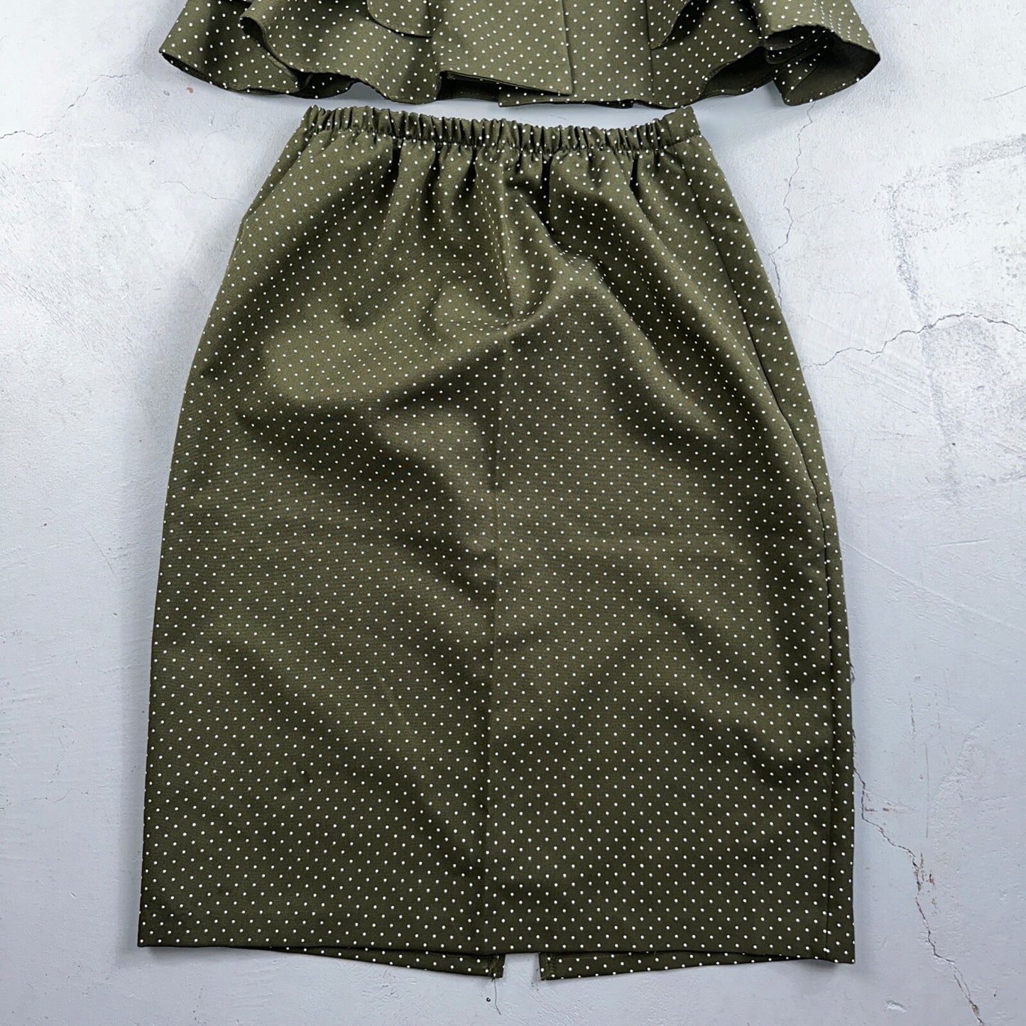 REINA 1970s Women Green Floral Dress Outfit Party Sz 12 VTG 2Pc Set Polka Dot