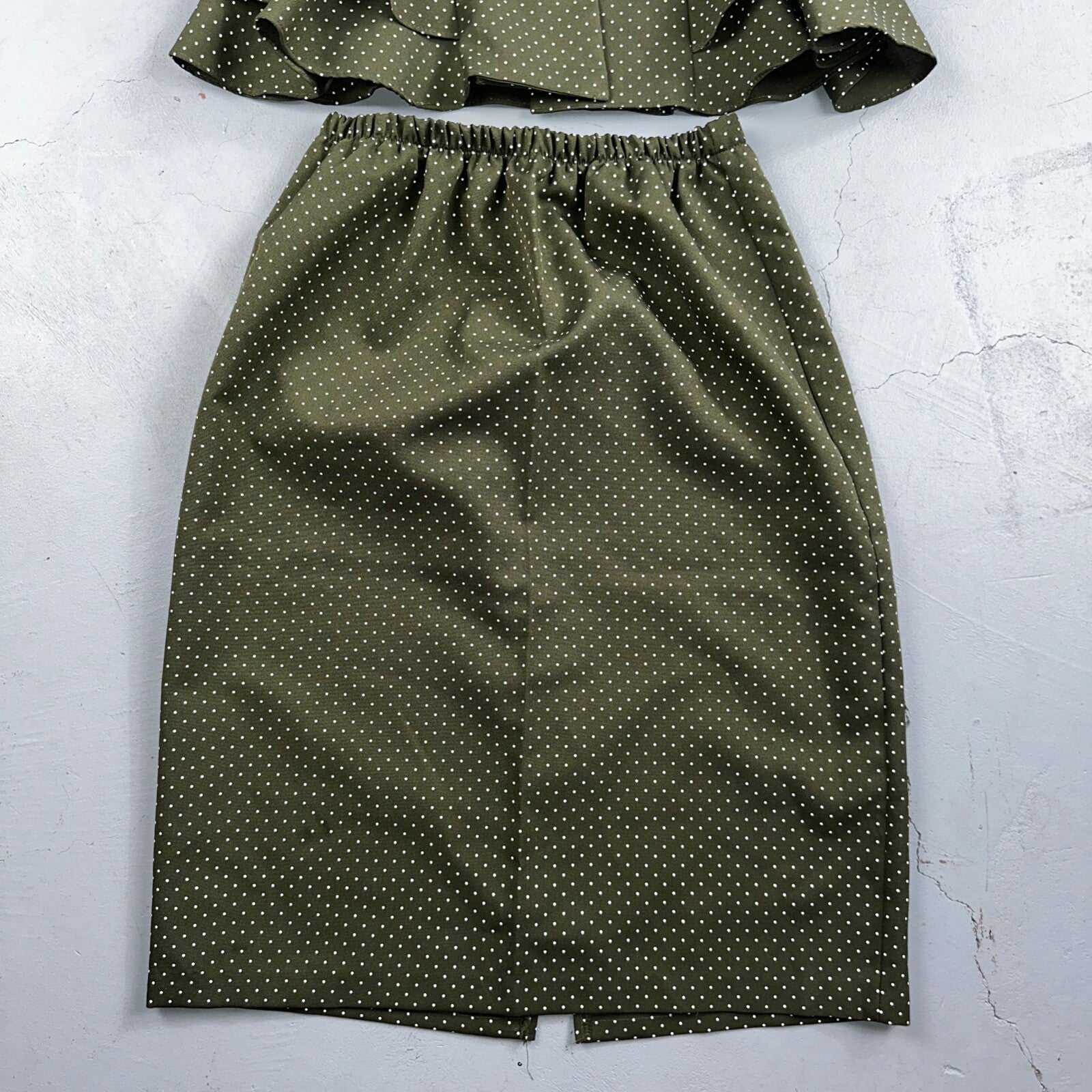 REINA 1970s Women Green Floral Dress Outfit Party Sz 12 VTG 2Pc Set Polka Dot