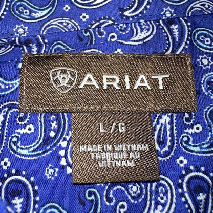 Ariat Button-Down Short Sleeve Shirt Size Large Blue Paisley 100% Cotton Casual