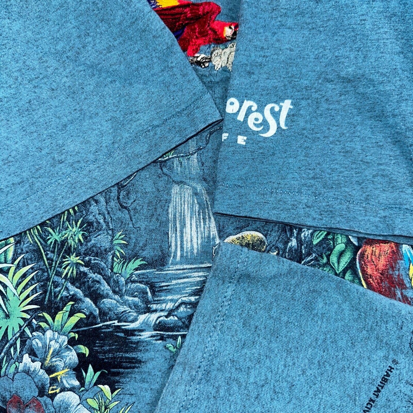 Vintage 90s Rainforest Cafe T Shirt Small Blue AOP All Over Print USA Made Rare