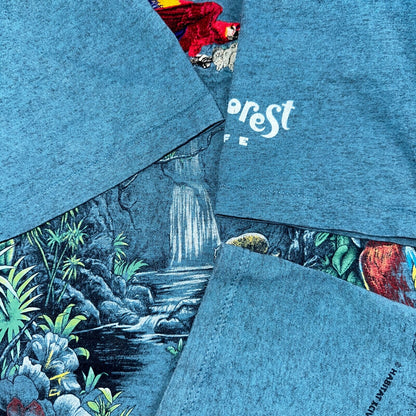 Vintage 90s Rainforest Cafe T Shirt Small Blue AOP All Over Print USA Made Rare
