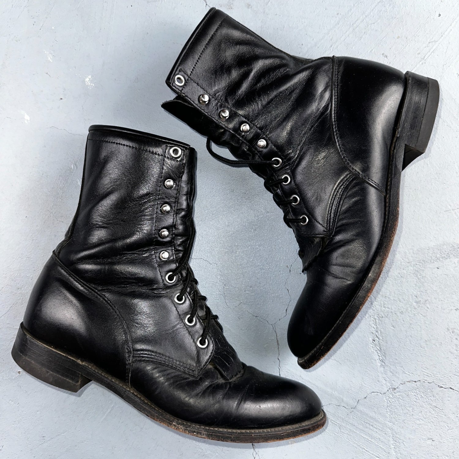 Vintage Justin Black Leather Roper Boots USA 9D Lace-Up Western Logger 506
