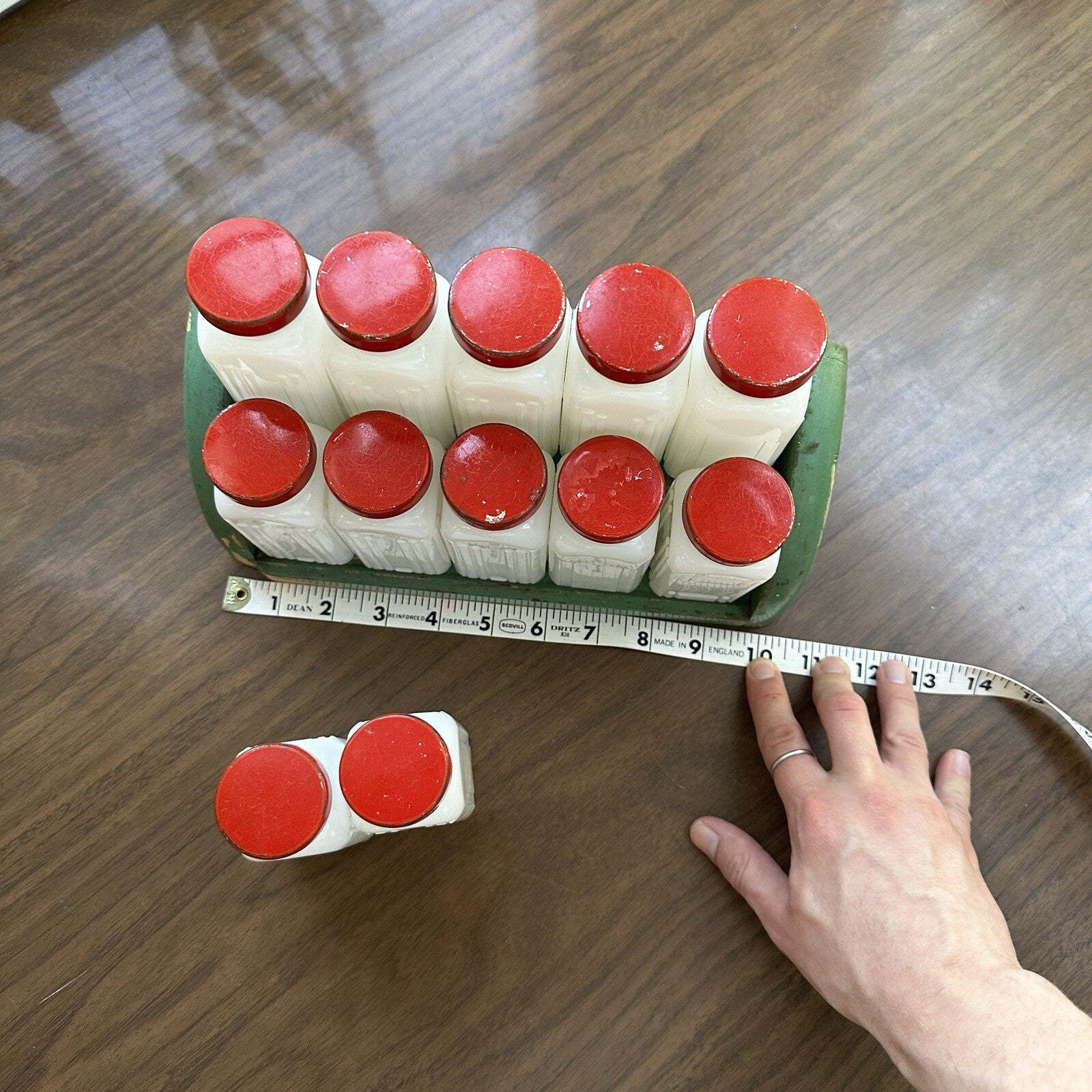 Griffith Milk Glass Spice Jar Set with Wooden Rack USA 1930s Art Deco 12 Pc