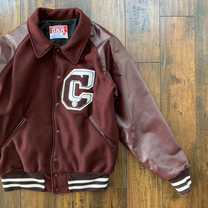 VTG Awards USA Varsity Wool Leather Jacket Burgundy Lettermen Large 70s 80s