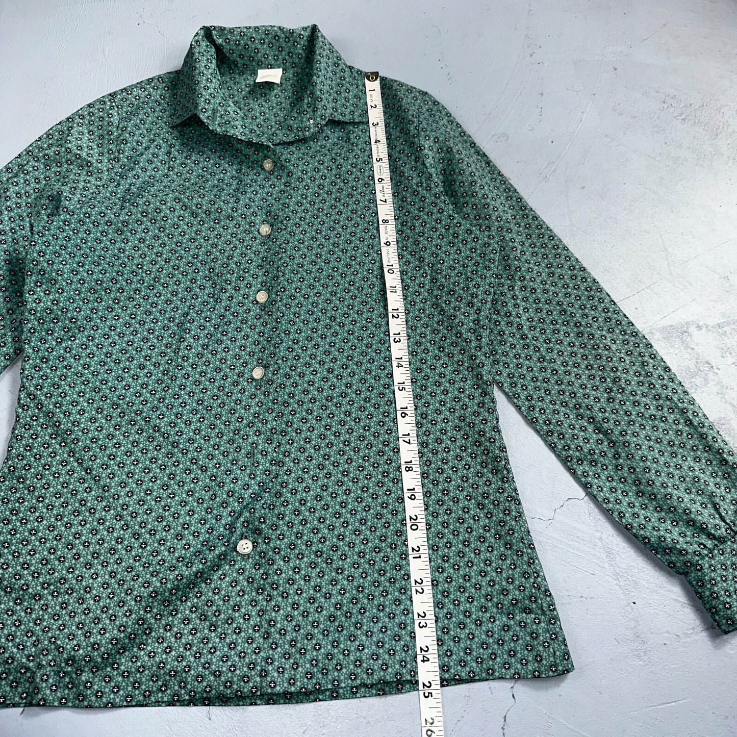 VTG 60s Jantzen Womens Top 12 Green Button Long Sleeve Shirt Flowers USA
