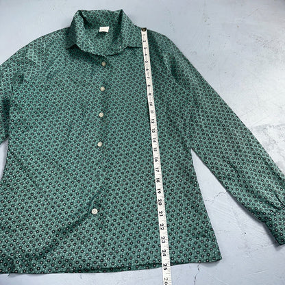 VTG 60s Jantzen Womens Top 12 Green Button Long Sleeve Shirt Flowers USA