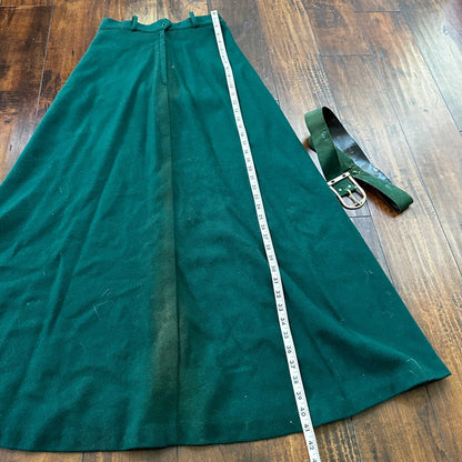 VTG 1960s Faded Green Wool Skirt Preppy Midi Knee Belt Loops 26" Waist Long 60s