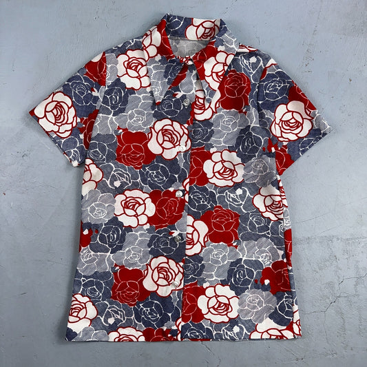 Vintage Handmade 70s Mod Short Sleeve Gray Floral Mock Neck Collar M Flowers