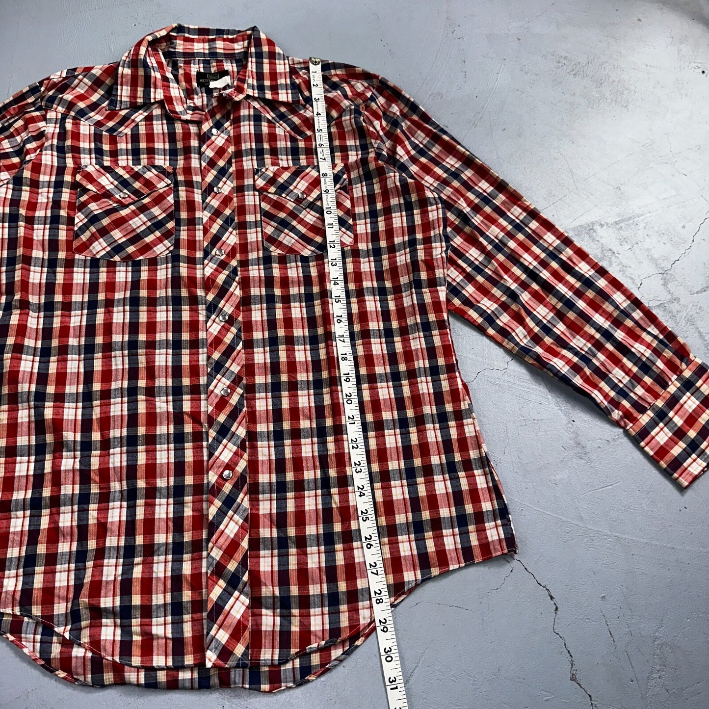 Sears VTG Western Wear L Plaid Ranch Rodeo Shirt Jacket Pearl Snap Red 16