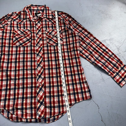 Sears VTG Western Wear L Plaid Ranch Rodeo Shirt Jacket Pearl Snap Red 16