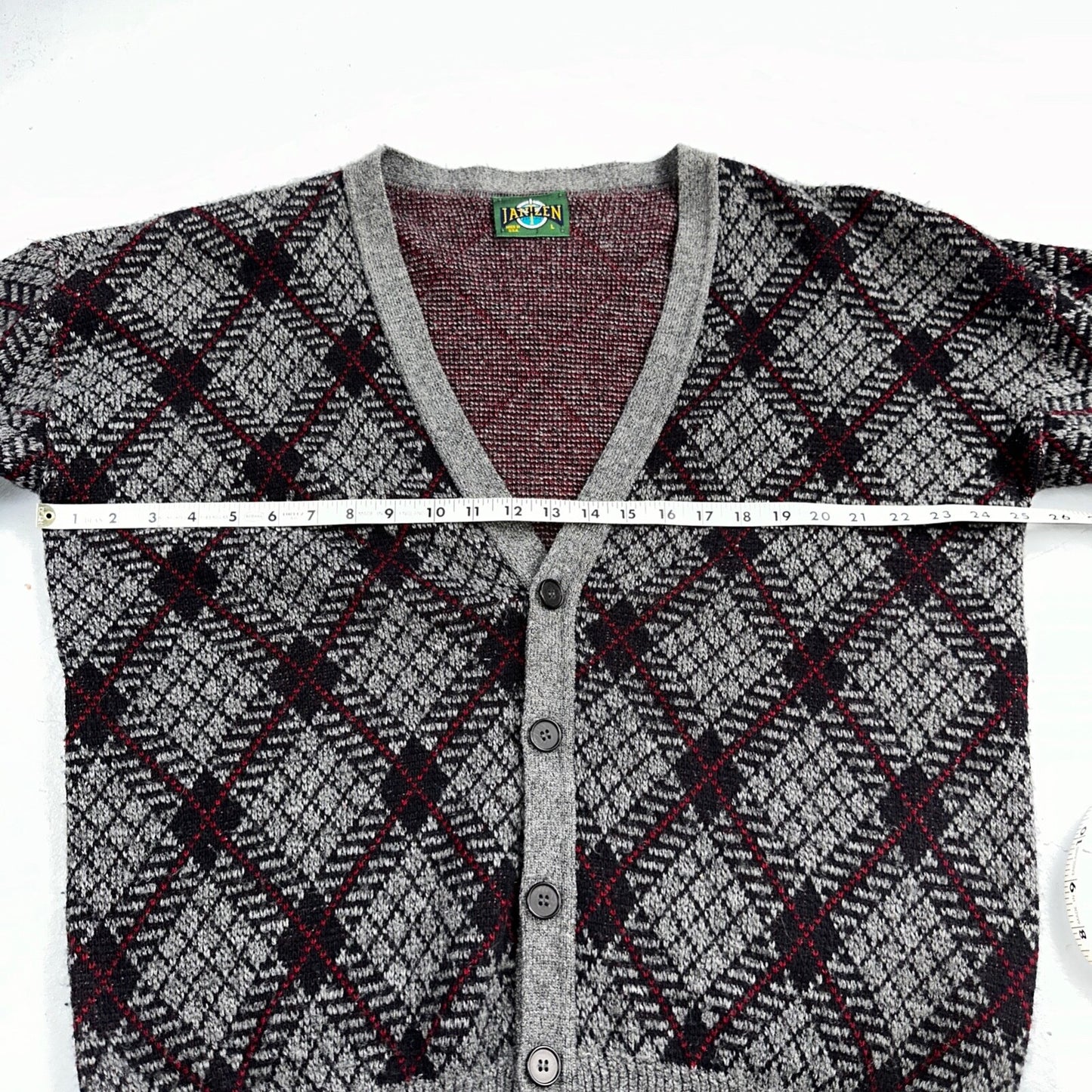 Jantzen VTG Sweater Abstract Cardigan Grandpa Argyle Knit Mens Large V Neck