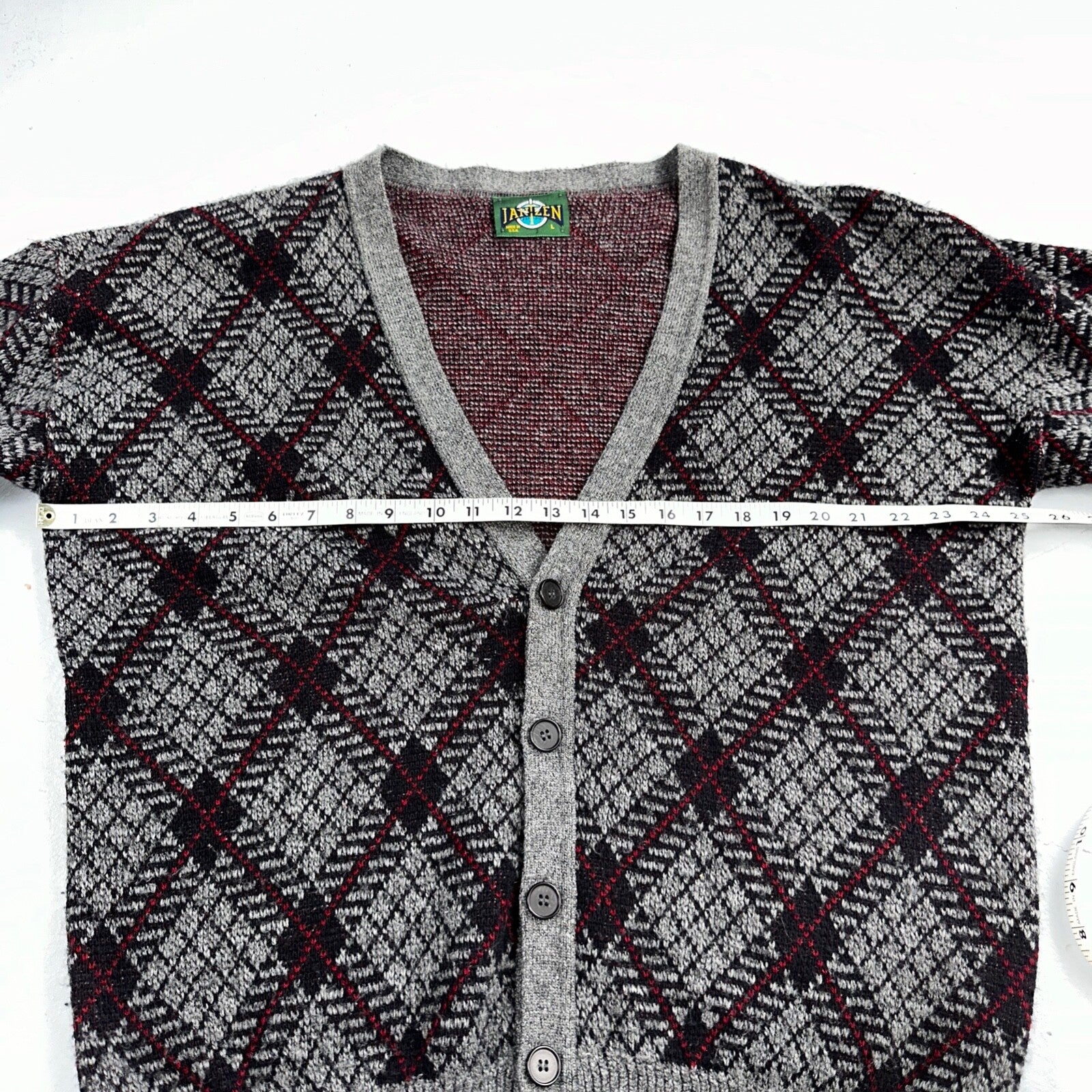 Jantzen VTG Sweater Abstract Cardigan Grandpa Argyle Knit Mens Large V Neck