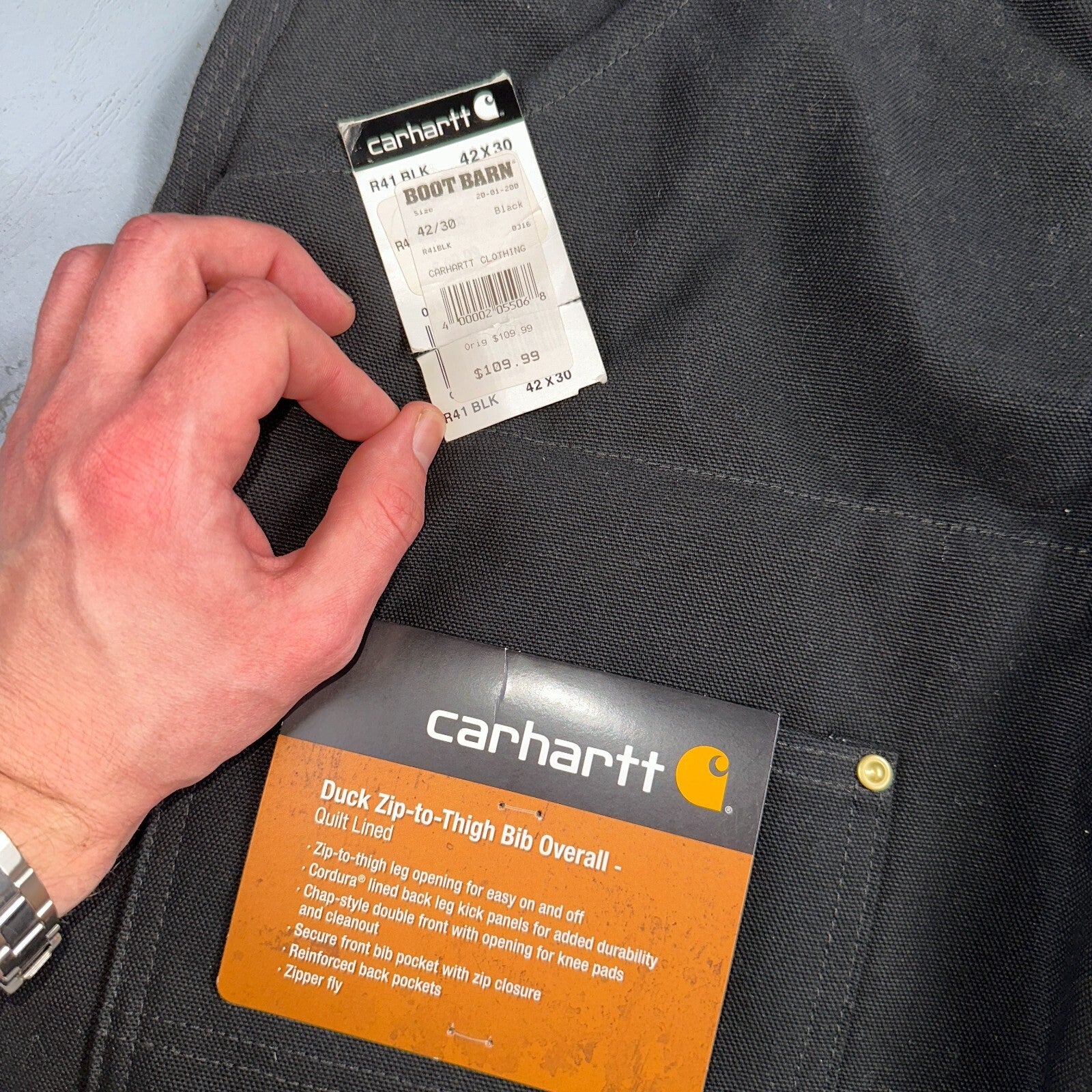 Carhartt R41 Quilt Lined Bib Overalls Mens 42x30 Black Duck Double Knee Tags VTG