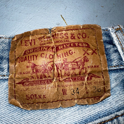 Levis 501 Vintage 90s USA XX Straight Leg Jeans Blue Light Wash 34x36 Act 31x32